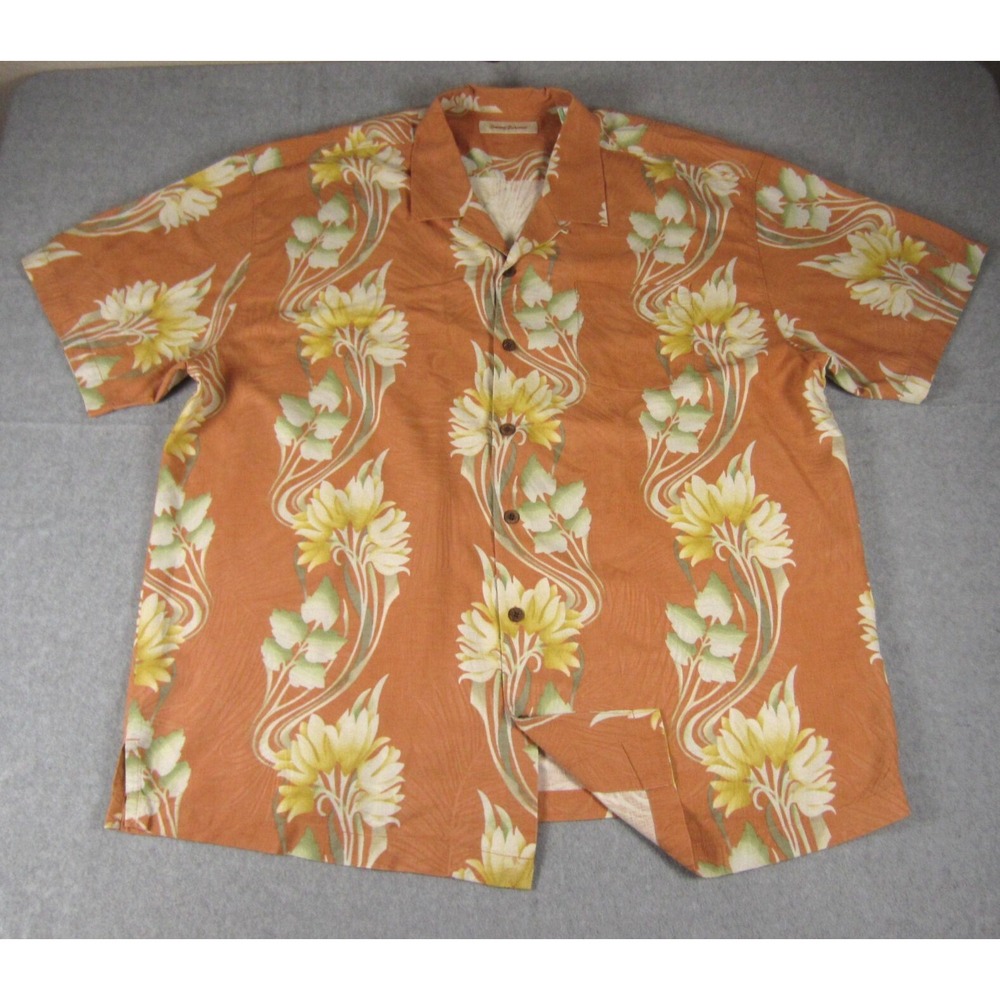Tommy Bahama Shirt Mens XXL Orange Floral Silk Short Sleeve Hawaiian Button Up